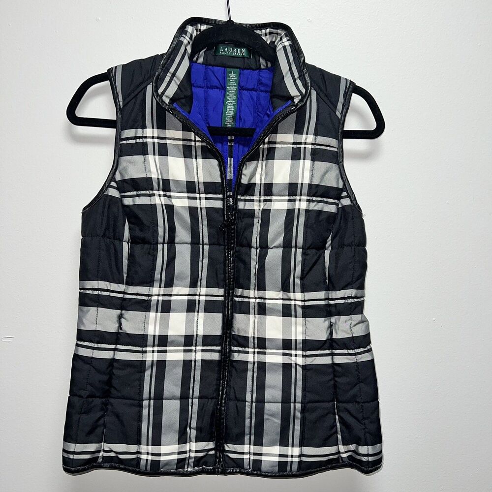 Lauren Ralph Lauren Black Cream Plaid Puff Vest Womens Sz Small outerwear
